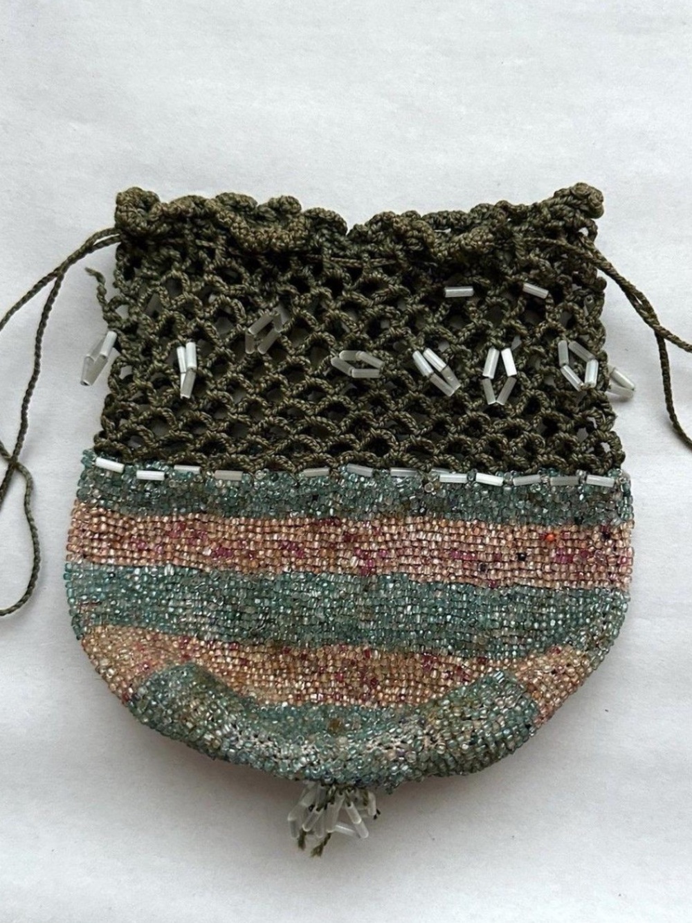Antique VTG Micro Beaded & Crochet Drawstring Purse Sack Hand Bag
Flapper
